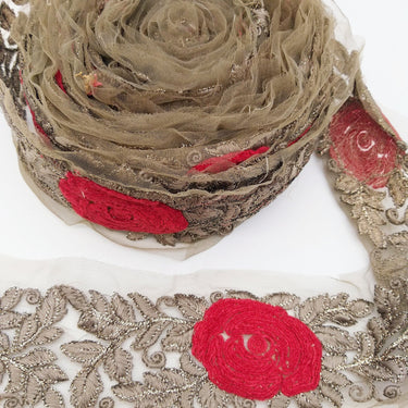 Grey Net Fabric Lace Trim with Floral Embroidery, Lace Trim, Sari Border
